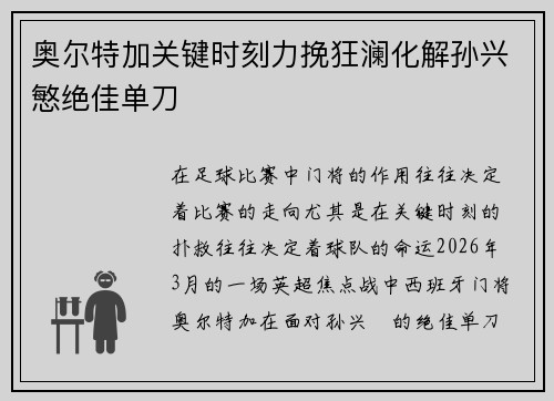 奥尔特加关键时刻力挽狂澜化解孙兴慜绝佳单刀 奥尔特加关键时刻力挽狂澜化解孙兴慜绝佳单刀