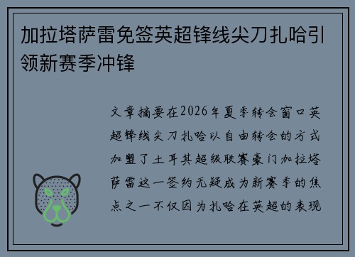 加拉塔萨雷免签英超锋线尖刀扎哈引领新赛季冲锋 加拉塔萨雷免签英超锋线尖刀扎哈引领新赛季冲锋