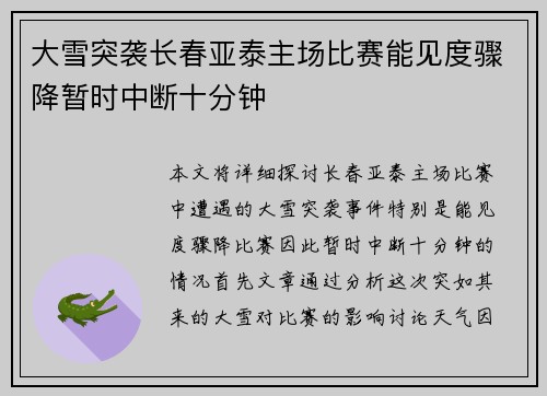 大雪突袭长春亚泰主场比赛能见度骤降暂时中断十分钟 大雪突袭长春亚泰主场比赛能见度骤降暂时中断十分钟